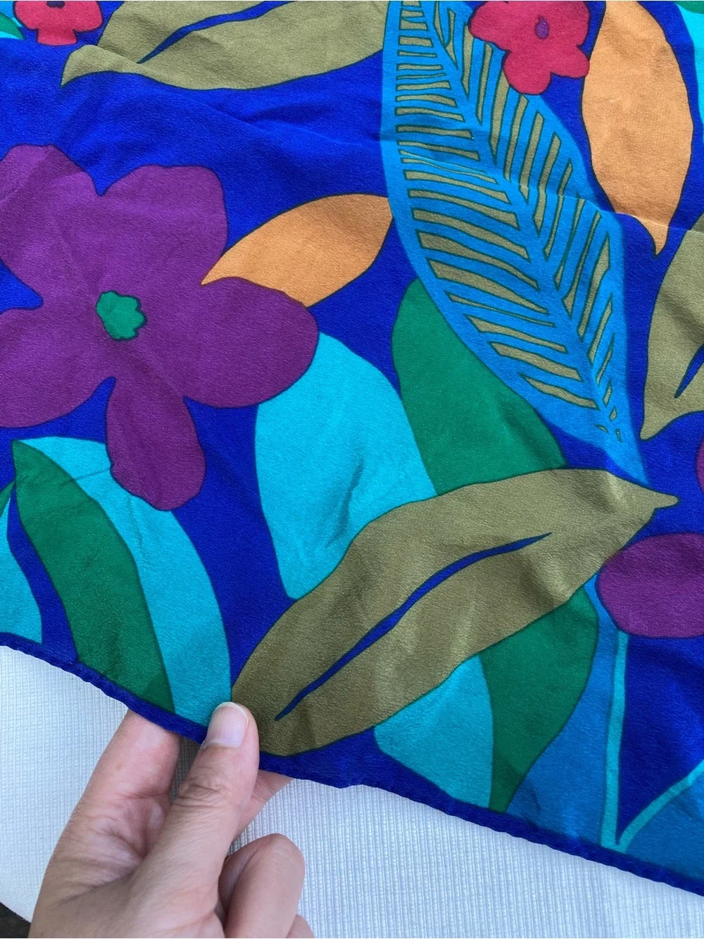 Vintage 80s 90s Large Square Silk Feel Tropical Floral Scarf 34” Colorful